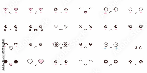 Collection of cute kawaii faces with various emotions and expressions for animation and design