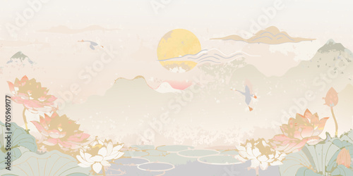 Serene east asian landscape with lotus flowers mountains sun and flying cranes in soft pastel colors
