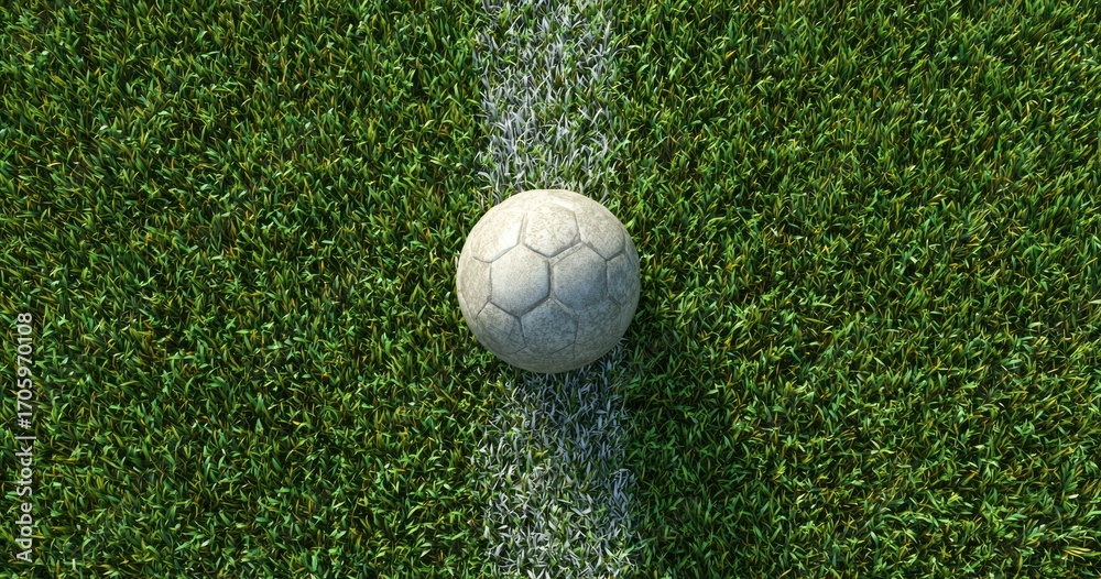 Obraz premium Top-down view of a textured soccer ball centered on a white sideline amidst verdant green grass