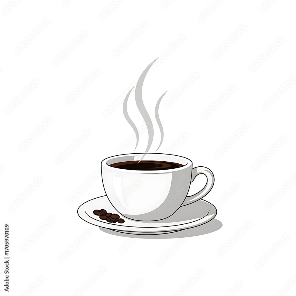 Obraz premium A steaming cup of coffee rests on a saucer with coffee beans.