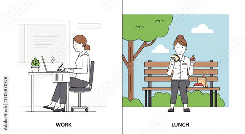 A woman working at a desk and eating lunch in the park.