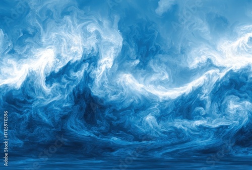 Abstract ocean simulation of swirling blue and white patterns creates an immersive, dreamlike atmosphere reminiscent of churning water and clouds