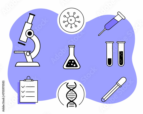 Science and medical research icons on a purple background
