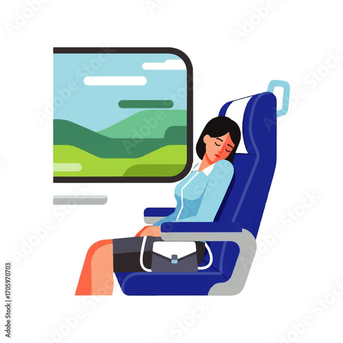 Woman sleeping on a train seat near the window with a landscape view.