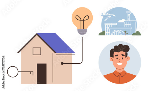 House connected to a lightbulb, key beside it, smiling man, and airport with a plane flying overhead. Ideal for housing, innovation, travel, investment property lifestyle community. Simple flat