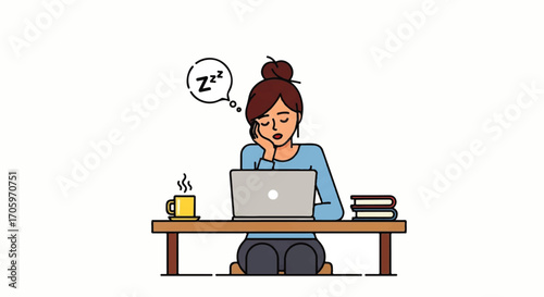 Cartoon of a woman sleeping at her desk with a laptop and coffee.