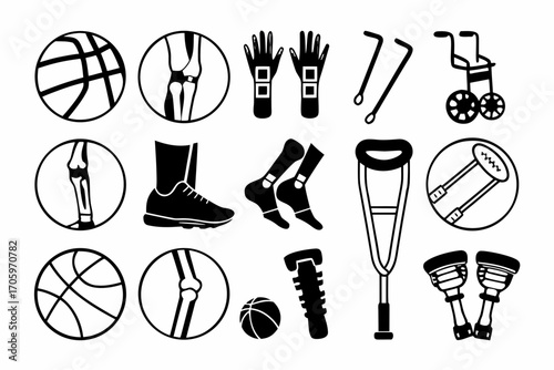 Sports and medical equipment icons for rehabilitation and athletics