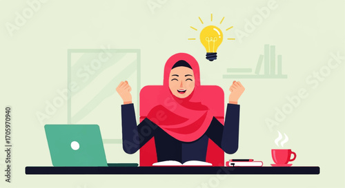 Woman in hijab with idea, sitting at desk with laptop and coffee.
