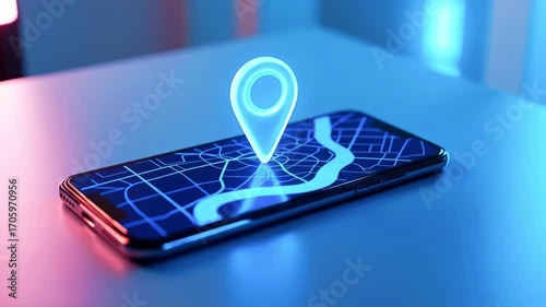 Smartphone displaying a digital map with a glowing location pin, set against a futuristic backdrop