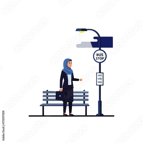 Woman in hijab waiting at bus stop with bench and street light.