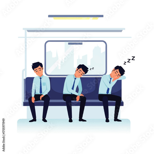 Three men sleeping on a subway train bench.