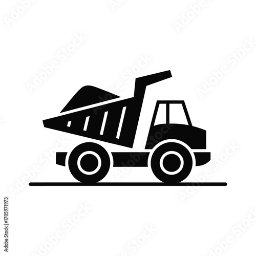 Black silhouette of a dump truck loaded with dirt