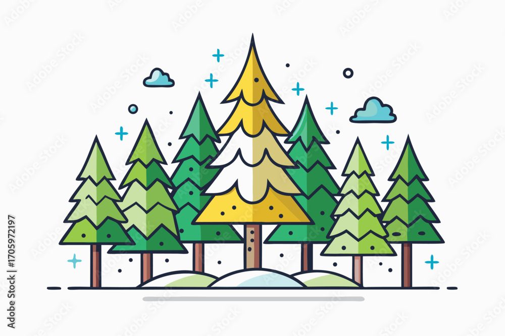 Obraz premium Stylized Pine Tree Forest with Snowdrift Simple Graphic Design Serene Nature Scene and Pastel Accents for a Modern Aesthetic