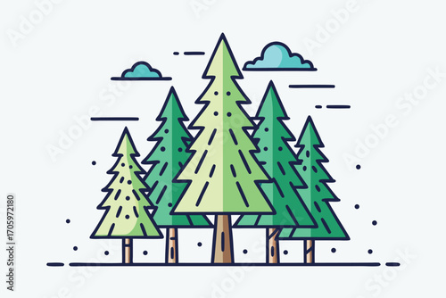 Illustrated Evergreen Forest Scene with Clouds and Simple Details, Perfect for Nature-Themed Designs and Backgrounds for Holiday Decorations