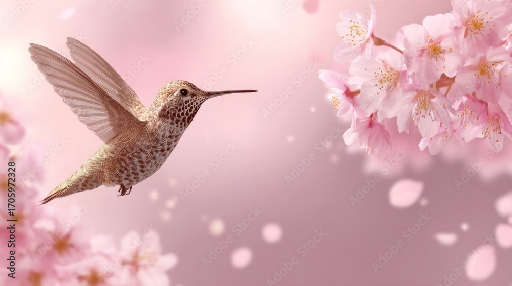 Fototapeta premium A hummingbird flies among soft pink cherry blossoms and falling petals, creating a serene and delicate nature scene with a blurred backdrop