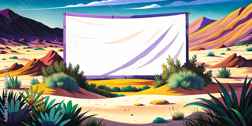 Large white banner standing in desert landscape with sand dunes, clear sky horizon, empty advertising mockup surface, outdoor rustic background, scenic wilderness design, creative placement object