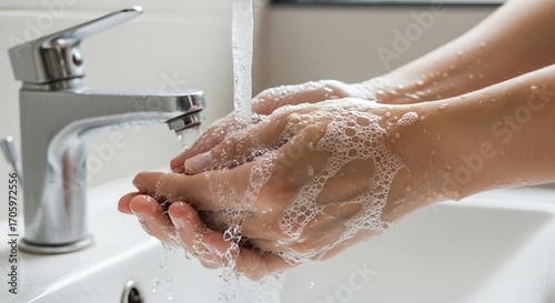 Hand Washing with Soap Under Running Water in Modern Kitchen