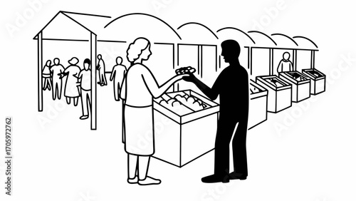 Illustration of people at a market with stalls and customers buying and selling goods and produce there created with generated ai 