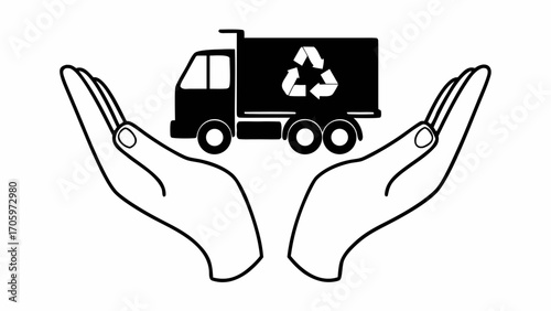 Two hands holding a black recycling truck with the recycling symbol on the side of the truck body created with generated ai 