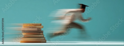 Blurred image of graduate running away from stack of books. Graduation cap visible. Speed is implied by motion blur. Sky blue background