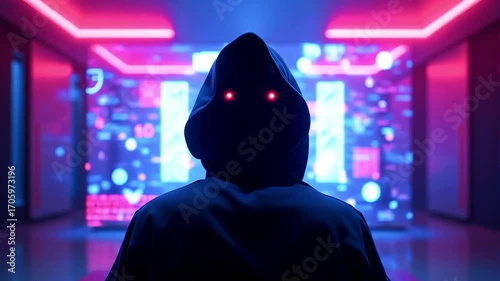 Mysterious figure in a hooded cloak with glowing red eyes stands before a vibrant digital backdrop