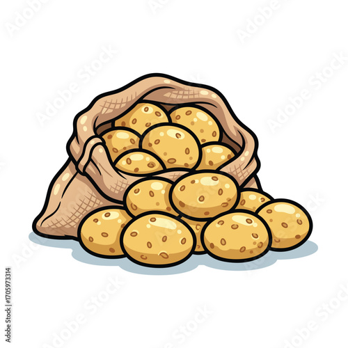 A cartoon illustration of a rustic burlap sack overflowing with fresh raw potatoes.