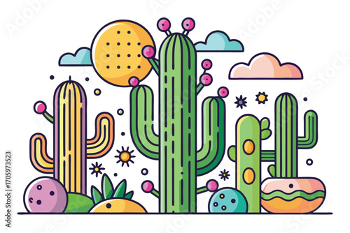 Colorful Desert Oasis A Whimsical Illustration of Cacti Sun and Clouds Evoking Warmth and Playfulness in a Southwestern Landscape