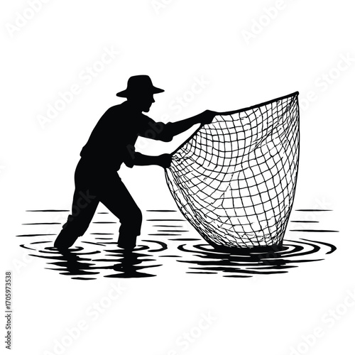 Silhouette of a fisherman casting a net in shallow water fishing