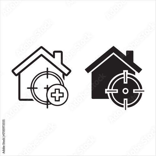 House with target and plus sign icon for real estate and property search