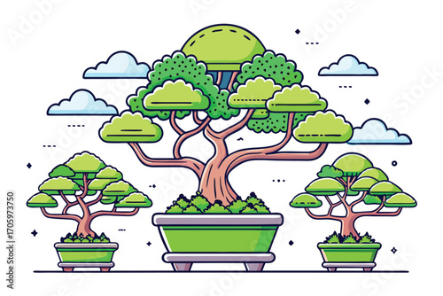 Captivating Bonsai Trees Artistically Arranged An Enchanting Display of Nature's Beauty Skillfully Cultivated Miniature Trees Adorned with Graceful Branches and Vibrant Green Foliage