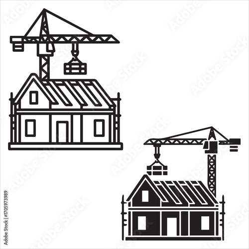 Two outline illustrations of houses under construction with cranes lifting materials