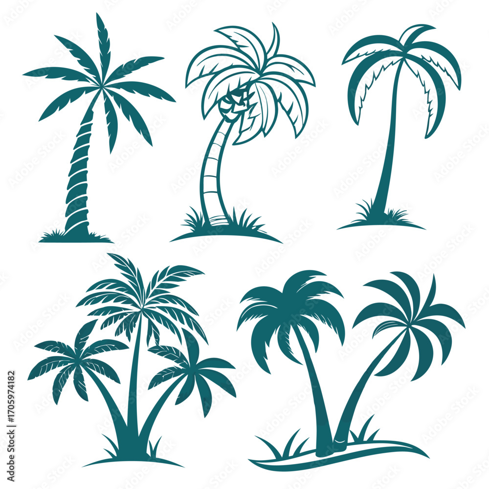 Naklejka premium Tropical Palm Tree Silhouettes Collection Set Artistic Vector Design Island Vacation and Summer Vibes Decorative Element