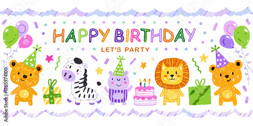 Cute cartoon animals celebrating a happy birthday with balloons gifts and cake in a festive party banner