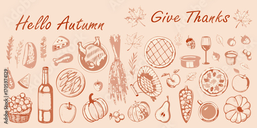 Hello autumn give thanks hand drawn illustration with harvest food and fall leaves for thanksgiving celebration