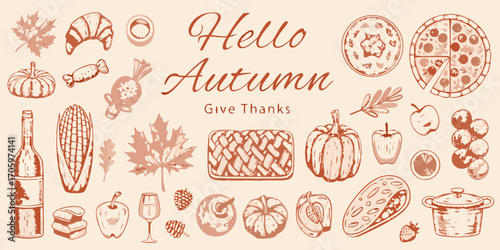Hello autumn give thanks hand drawn illustration featuring seasonal foods and fall leaves