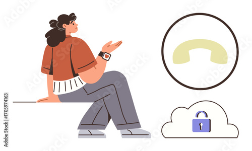 Woman gesturing during a discussion, smartwatch on wrist, cloud storage with padlock and phone receiver icons. Ideal for technology, communication, security, cloud computing, data protection