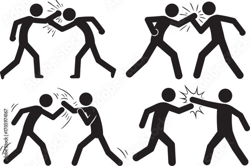 Four silhouettes of two people fighting silhouette
