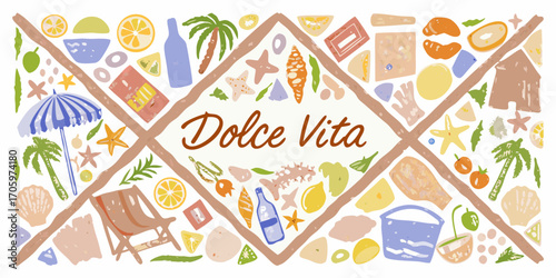 Dolce vita summer vacation beach elements and fruits in a decorative pattern