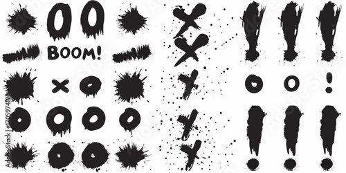 Collection of black ink splatters drips and hand drawn symbols including x o and exclamation marks