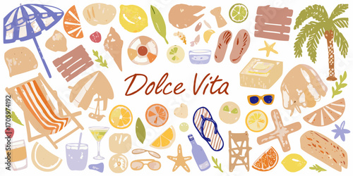 Dolce vita summer vacation beach elements with fruits and relaxation items
