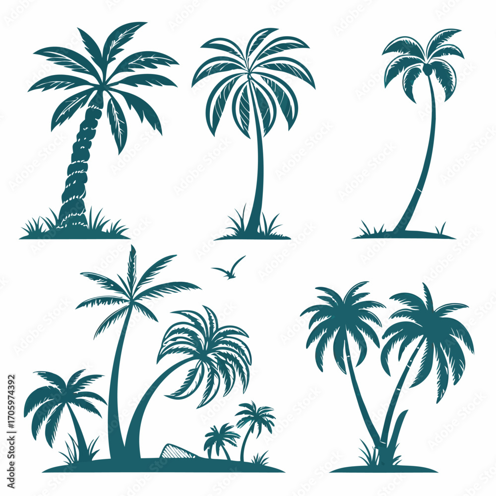 Fototapeta premium Tropical Palm Tree Silhouette Collection Exotic Flora and Fauna Set for Summer Vacation and Beach Designs