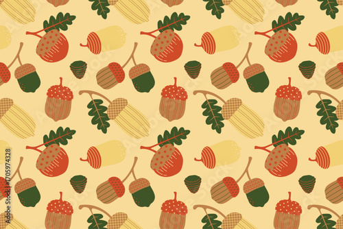 Autumn seamless pattern with acorns, chestnuts, and leaves in green, orange, and brown tones. Ideal for crafts, posters, and seasonal designs.