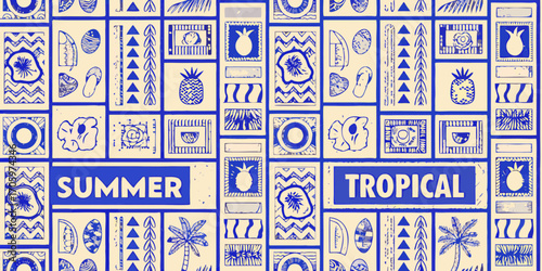 Vibrant blue and beige tropical summer pattern with pineapples and palm trees