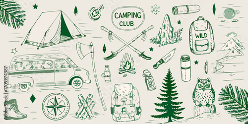 Vintage camping adventure elements collection featuring tent van backpack axe and forest scene illustrations