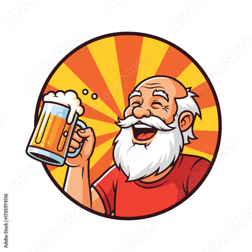 A cheerful cartoon old man with a white beard laughing and holding a mug of beer.