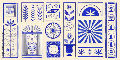 Collection of abstract blue line art motifs featuring floral elements sunbursts and geometric patterns on cream background