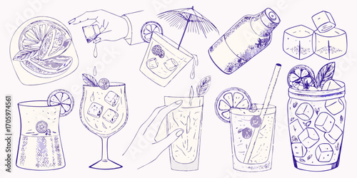 Hand drawn sketch of various cocktails with ice cubes citrus slices and garnishes in a purple line art style