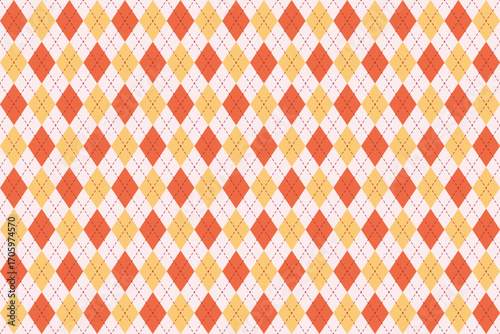Autumn seamless plaid with diamond cut style in yellow and orange with red dashed lines on white background. Ideal for seasonal textiles, posters, and crafts.