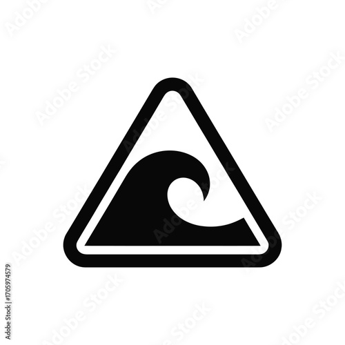 Tsunami warning sign icon with black wave in triangle