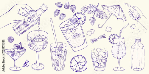 Hand drawn collection of refreshing summer drinks and cocktail ingredients with ice and garnishes
